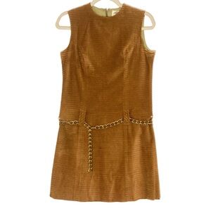 Vintage Jean Lang Original 1960s-1970s Corduroy Dropped Waist Dress, Chain Belt